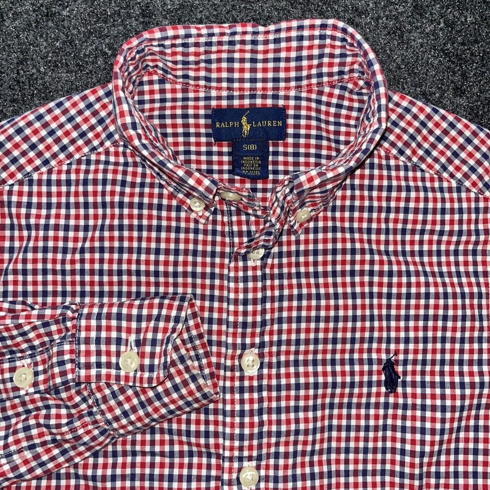 Ralph Lauren Boys Red Blue Gingham Check Long Sleeve Button Down Size Small 8